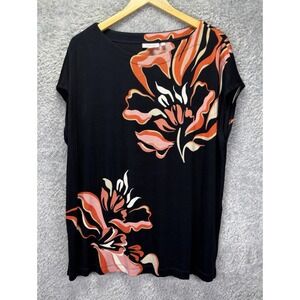 Chicos Travelers Women XXL 4 Blue Floral Top Pink Orange Asymmetrical Neck Artsy
